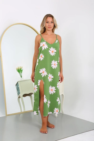 Moda Çizgi Kadın Büyük Beden İp Askılı Pamuklu Uzun Gecelik 12104 Yeşil