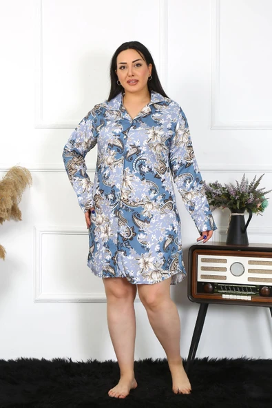 Moda Çizgi Kadın Büyük Beden Pamuk Düğmeli Uzun Kol İndigo Tunik Gecelik 12205 - Resim 3