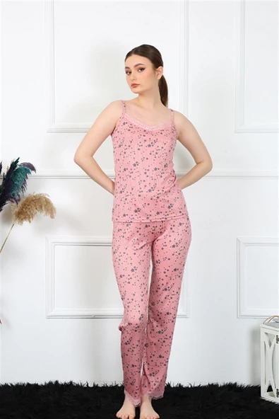 Moda Çizgi Kadın İp Askılı Pudra Pijama Takım 4137 - Resim 3