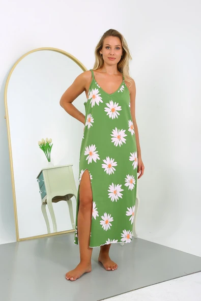 Moda Çizgi Kadın Büyük Beden İp Askılı Pamuklu Uzun Gecelik 12104 Yeşil - 2