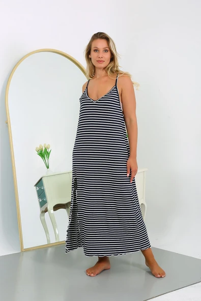 Moda Çizgi Kadın Büyük Beden İp Askılı Pamuklu Uzun Gecelik 12107 - 3
