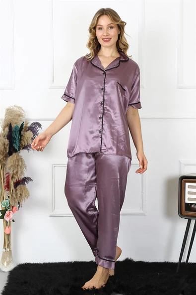 Moda Çizgi Kadın Büyük Beden Mor Saten Pijama Takımı 10303 - 3