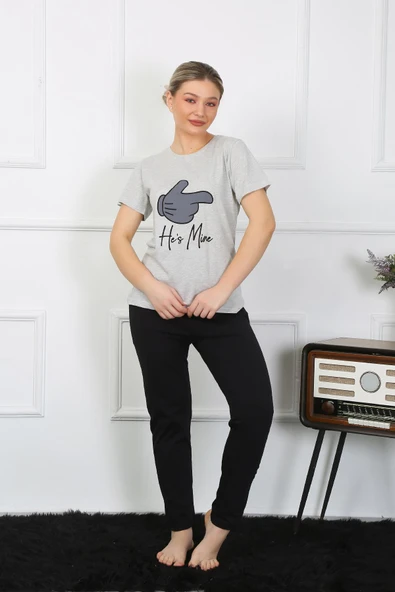 Moda Çizgi Kadın Pamuk Penye Sevgili Kombini Pijama Takımı Gri 50126 Tek Takım Fiyatıdır - 2