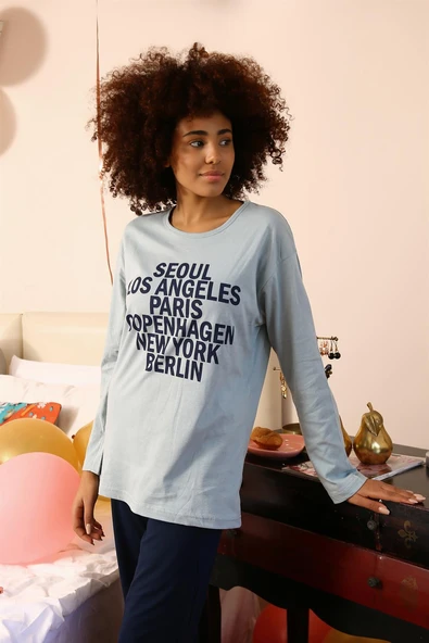 Moda Çizgi Kadın Uzun Kol Penye Pijama Takım 4182 - Resim 3