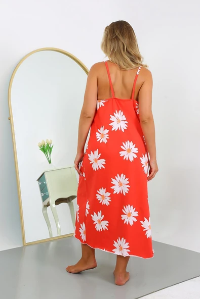 Moda Çizgi Kadın Büyük Beden İp Askılı Pamuklu Uzun Gecelik 12104 Nar Çiçeği - 3