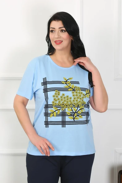 Moda Çizgi Kadın Büyük Beden Mavi Pijama Takımı 202402 - 4