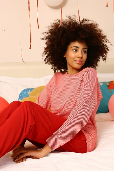 Moda Çizgi Kadın Uzun Kol 3 İplik Penye Pijama Takım 4184 - Resim 7