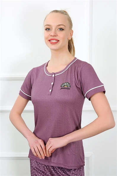 Moda Çizgi Kadın Mürdüm Kısa Kol Pijama Takım 20388 - 2