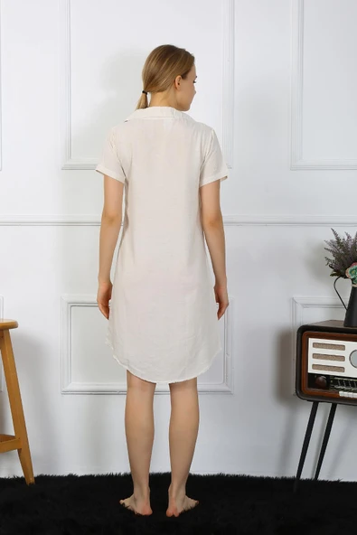 Moda Çizgi Kadın Pamuk Keten Kısa Kol Düğmeli Krem Tunik Gecelik 13108 - 5
