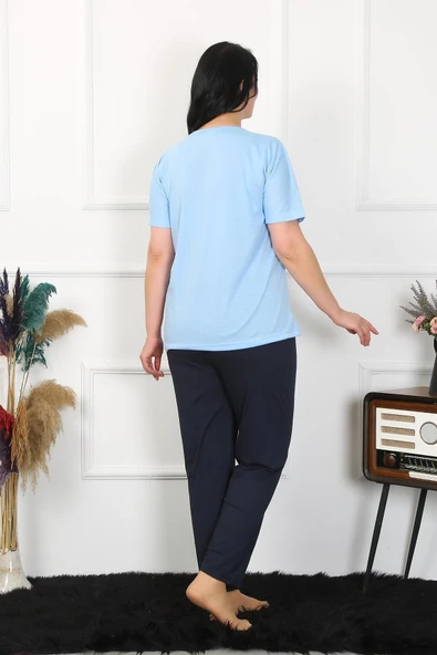 Moda Çizgi Kadın Büyük Beden Mavi Pijama Takımı 202402 - 2