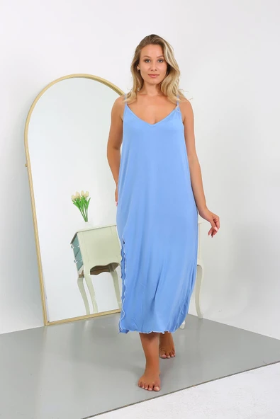 Moda Çizgi Kadın Büyük Beden İp Askılı Pamuklu Uzun Gecelik 12106 - 2