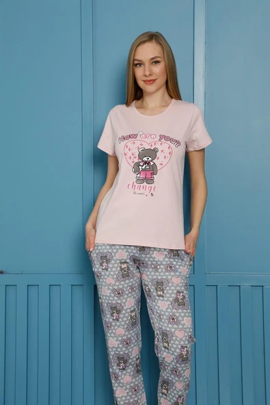 Moda Çizgi Kadın Pamuk Pijama Takım 20502P - Resim 2