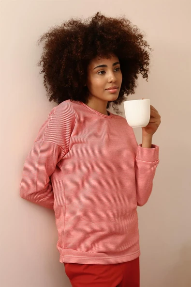 Moda Çizgi Kadın Uzun Kol 3 İplik Penye Pijama Takım 4184 - Resim 3