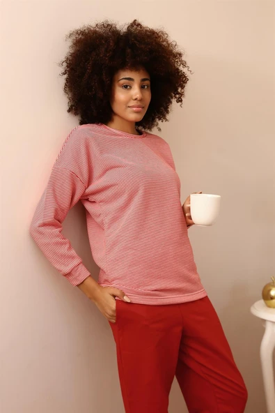 Moda Çizgi Kadın Uzun Kol 3 İplik Penye Pijama Takım 4184 - Resim 2