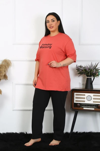 Moda Çizgi Kadın Büyük Beden Mercan Pijama Takımı 202404 - 5