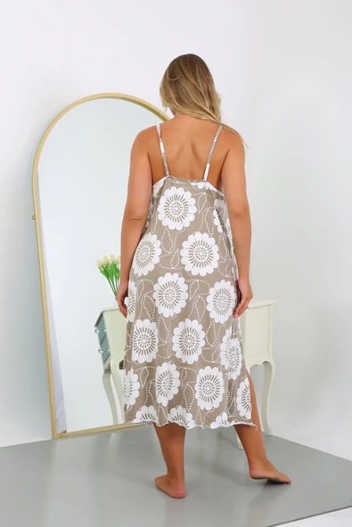 Moda Çizgi Kadın Büyük Beden İp Askılı Pamuklu Uzun Gecelik 12104 Vizon - Resim 4