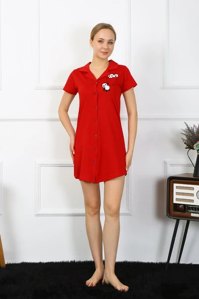 Moda Çizgi Kadın Pamuk Penye Kısa Kol Düğmeli Kırmızı Tunik Gecelik 13109 - 5