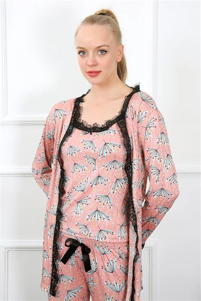 Moda Çizgi Kadın 3'lü Somon Sabahlık Pijama Takım 16103 - Resim 2