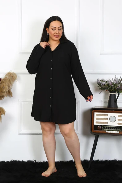 Moda Çizgi Kadın Büyük Beden Pamuk Düğmeli Uzun Kol Siyah Tunik Gecelik 12204 - 6