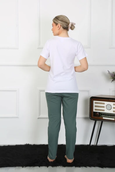Moda Çizgi Kadın Pamuk Penye Sevgili Kombini Pijama Takımı Beyaz 50127 Tek Takım Fiyatıdır - Resim 5