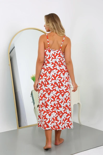 Moda Çizgi Kadın Büyük Beden İp Askılı Pamuklu Uzun Gecelik 12105 - 5