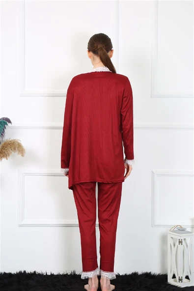 Moda Çizgi Kadın 3'lü Bordo Sabahlık Takım 16108 - 6