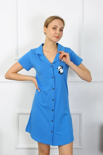 Moda Çizgi Kadın Pamuk Penye Kısa Kol Düğmeli Mavi Tunik Gecelik 13109 - 1