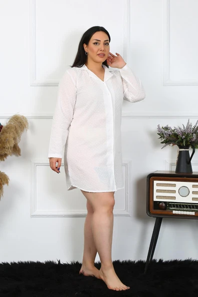Moda Çizgi Kadın Büyük Beden Pamuk Dokuma Düğmeli Uzun Kol Ekru Tunik Gecelik 12201 - 1