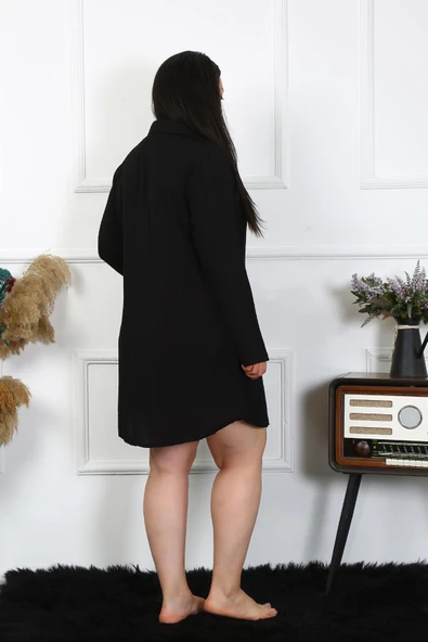 Moda Çizgi Kadın Büyük Beden Pamuk Düğmeli Uzun Kol Siyah Tunik Gecelik 12204 - 4