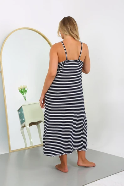 Moda Çizgi Kadın Büyük Beden İp Askılı Pamuklu Uzun Gecelik 12107 - 6