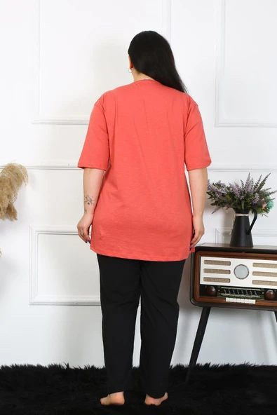 Moda Çizgi Kadın Büyük Beden Mercan Pijama Takımı 202404 - 3