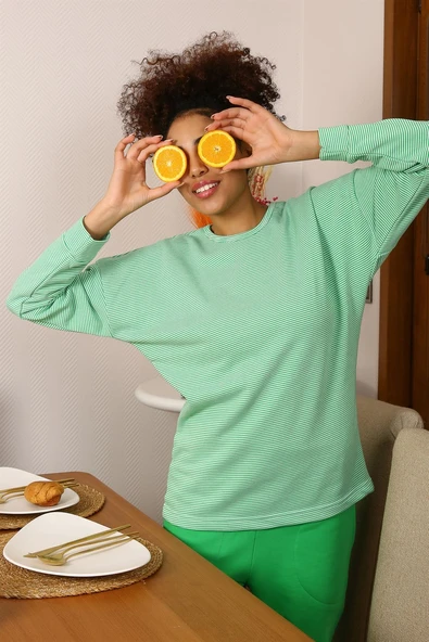 Moda Çizgi Kadın Uzun Kol 3 İplik Penye Pijama Takım 4191 - Resim 7