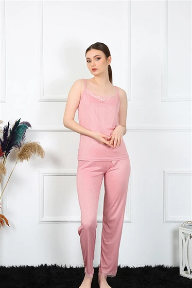 Moda Çizgi Kadın İp Askılı Somon Pijama Takım 4136 ürün görseli 1