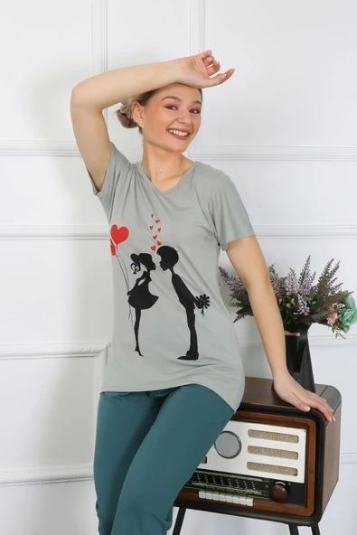 Moda Çizgi Kadın Kısa Kol Penye Pijama Takımı 4210 ürün görseli 1