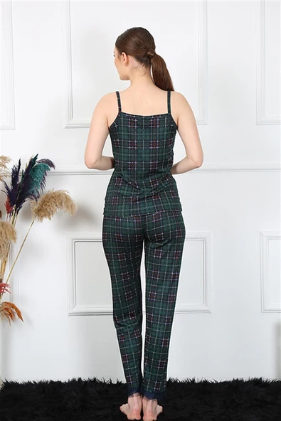 Moda Çizgi Kadın İp Askılı Yeşil Ekoseli Pijama Takım 4135 - 4