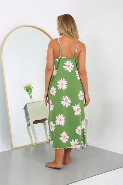 Moda Çizgi Kadın Büyük Beden İp Askılı Pamuklu Uzun Gecelik 12104 Yeşil - 6