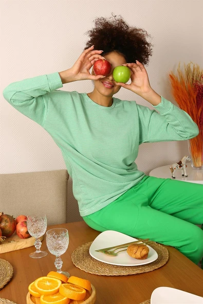 Moda Çizgi Kadın Uzun Kol 3 İplik Penye Pijama Takım 4191 - Resim 5