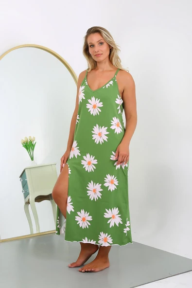 Moda Çizgi Kadın Büyük Beden İp Askılı Pamuklu Uzun Gecelik 12104 Yeşil - 4