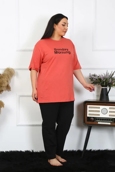 Moda Çizgi Kadın Büyük Beden Mercan Pijama Takımı 202404 - 2