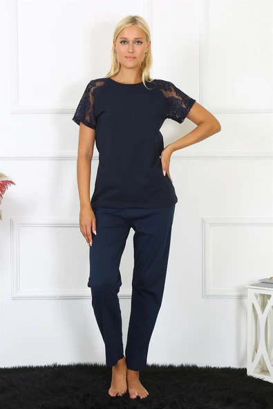 Moda Çizgi Kadın Kolu Dantelli Penye Pijama Takım 4150 - Resim 2