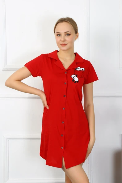 Moda Çizgi Kadın Pamuk Penye Kısa Kol Düğmeli Kırmızı Tunik Gecelik 13109 - 4
