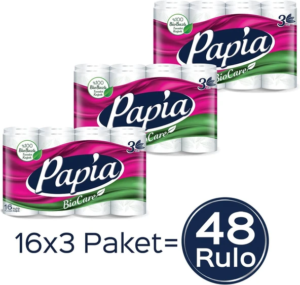 Papia Biocare Tuvalet Kağıdı 48 Rulo (16 Rulo x 3 Paket) ürün görseli