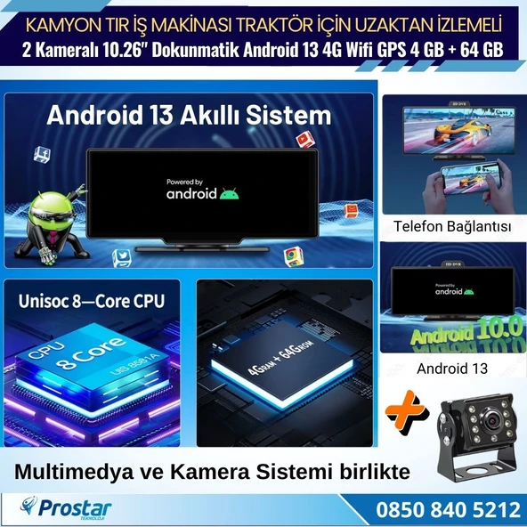 Kamyon Tır için Kayıtlı 2 Kameralı Android 13 WIFI GPS 4G Uzaktan izlemeli 4 GB + 64 GB Carplay 512 GB Destekli Tak Kullan Kamera Seti - 4