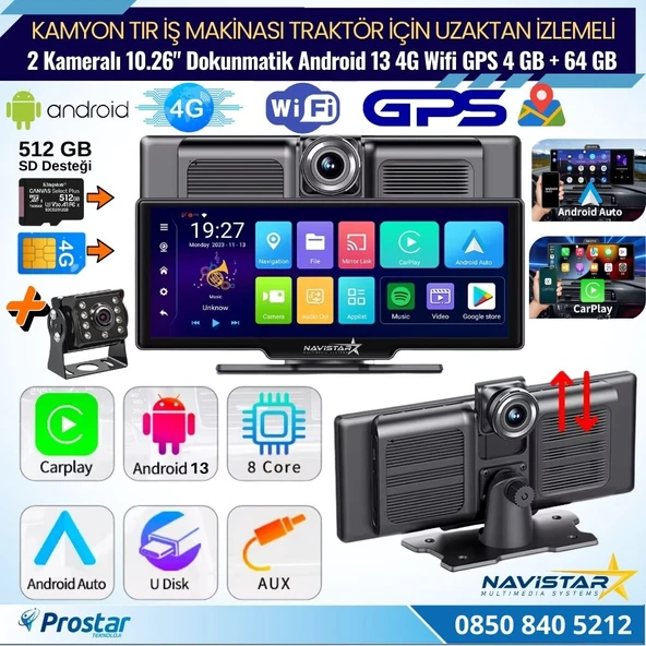 Kamyon Tır için Kayıtlı 2 Kameralı Android 13 WIFI GPS 4G Uzaktan izlemeli 4 GB + 64 GB Carplay 512 GB Destekli Tak Kullan Kamera Seti - 1