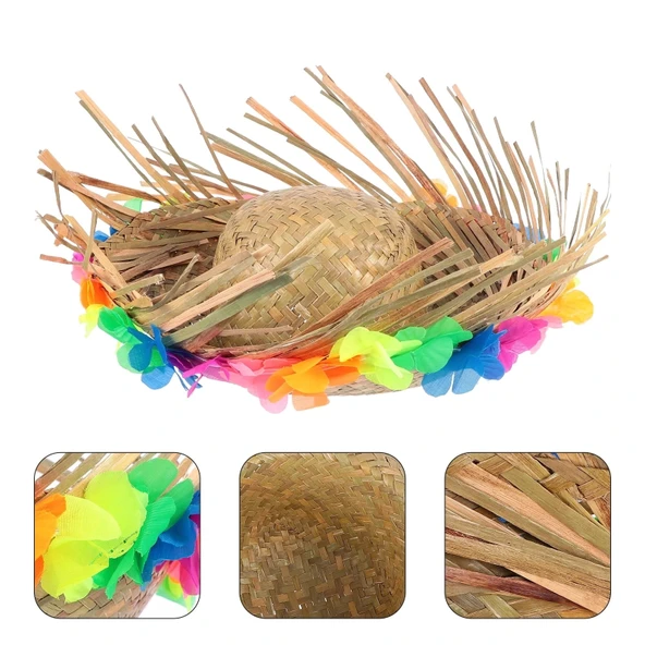 Naturel Renk Püsküllü Örme Hasır Hawaii Luau Aloha Şapka 13x36 Cm - Resim 3