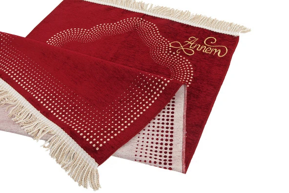 Kişiye Özel İsim İşlemeli Mihrap Desenli Düz Şönil Seccade Bordo - Resim 2