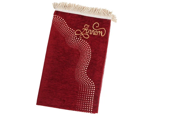 Kişiye Özel İsim İşlemeli Mihrap Desenli Düz Şönil Seccade Bordo - Resim 3