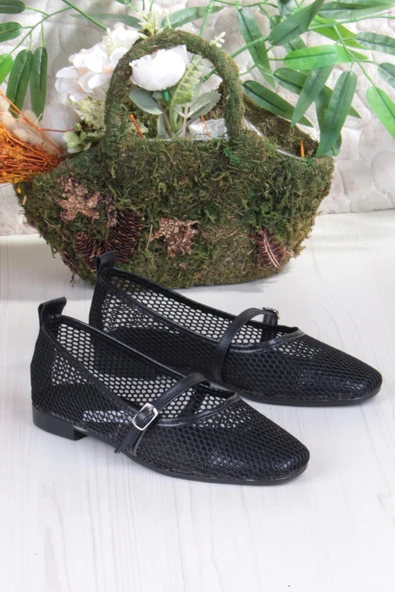 Fort 402 Ceyn Fileli Triko Toka Detaylı Şık Ev İş Ofis Rahat Günlük Ayakkabı Kadın Babet - Resim 4