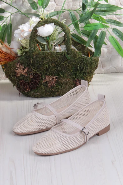 Fort 402 Ceyn Fileli Triko Toka Detaylı Şık Ev İş Ofis Rahat Günlük Ayakkabı Kadın Babet - Resim 11