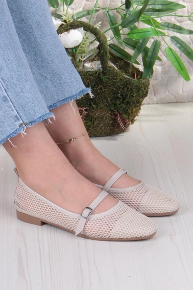 Fort 402 Ceyn Fileli Triko Toka Detaylı Şık Ev İş Ofis Rahat Günlük Ayakkabı Kadın Babet - Resim 7